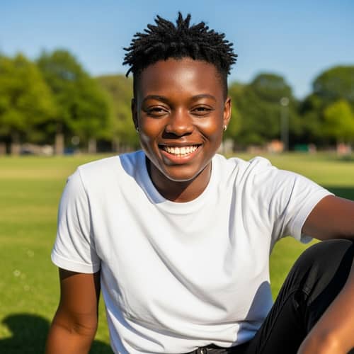 Energetic Black Person Smiling in Urban Park | Website Name