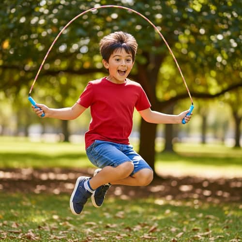 Young Hispanic Boy Joyfully Skipping Colorful Rope in Park
