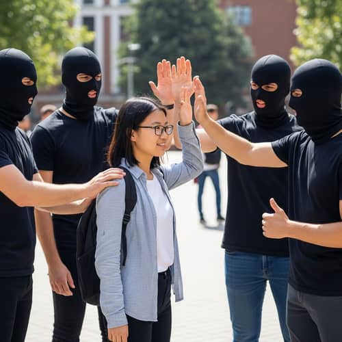 Asian Girl Student Embraced by Encouraging Men in Balaclavas