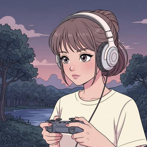 Cute Lo-Fi Girl Character with Headphone and Game Controller in Nature