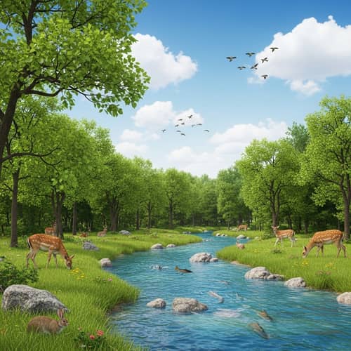 Tranquil Forest Landscape with Diverse Flora and Wildlife