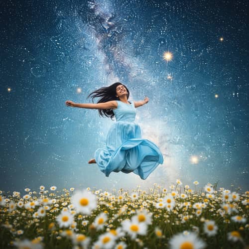 Happy South Asian Person Surrounded by Starry Night and Daisies