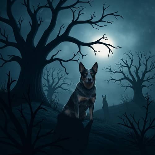 Eerie Blue Heeler Scene with Creepy Moonlight