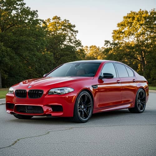 Luxurious Red BMW M5 Parked on Clean Asphalt Road