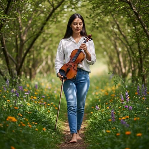 Barefoot Young Woman with Violin in Nature | Peaceful Hispanic Beauty