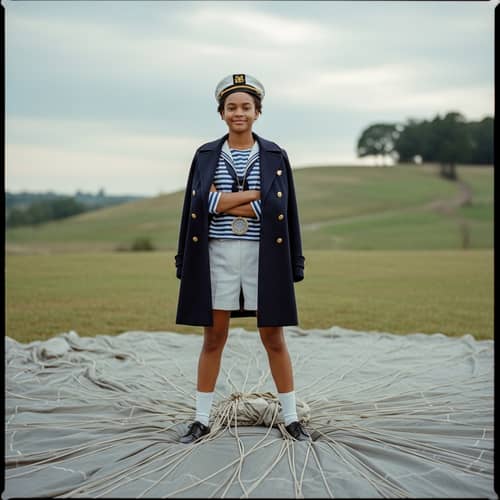 African Teen in Nautical Outfit on Parachute | Kodak Vision3 500