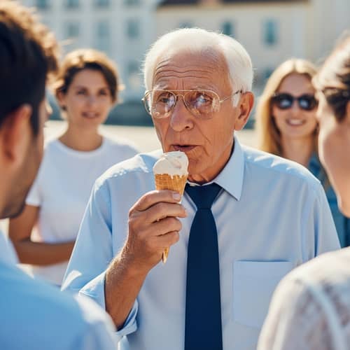 Elderly Politician Enjoying Ice Cream | Sunny Day Gathering