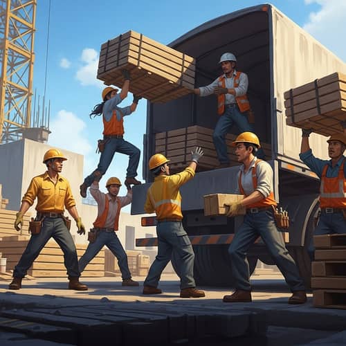 Dynamic Construction Workers Unloading Vehicle | Vibrant Scene