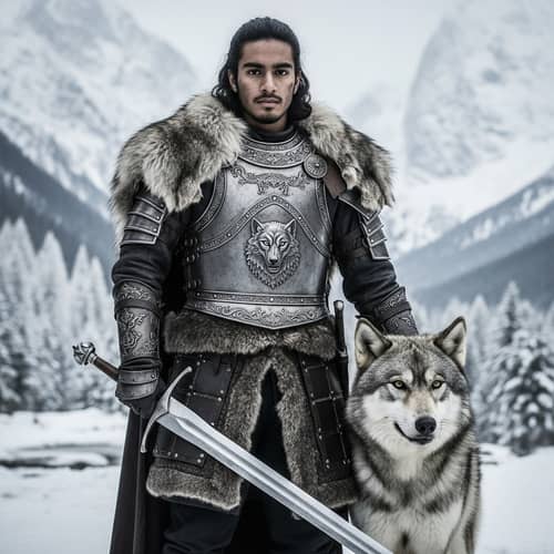 North Warrior: 17-Year-Old Male & Direwolf in Snowy Forest
