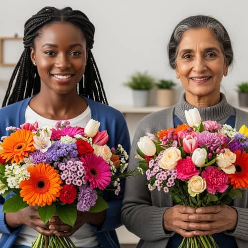 Joyful Women with Colorful Bouquets - Realistic Floral Imagery