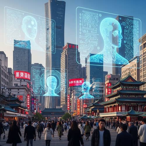 Futuristic Beijing Cityscape: Skyscrapers, AI Holograms Futuristic Beijing Cityscape: Skyscrapers, AI Holograms