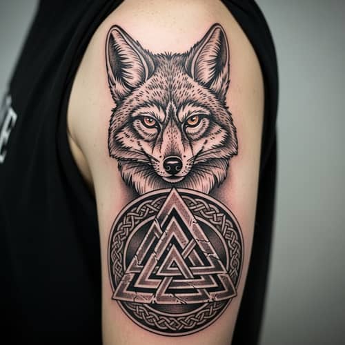 Valknut Viking Symbol with Coyote Head Tattoo Design