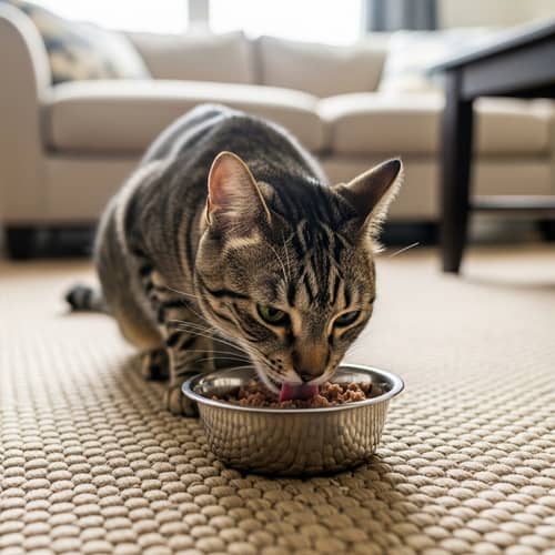 Cat Eating Cat Food on Living Room Carpet