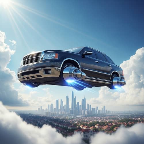 Future Technology: Flying Car with Jet Engines - Sky Cityscape View