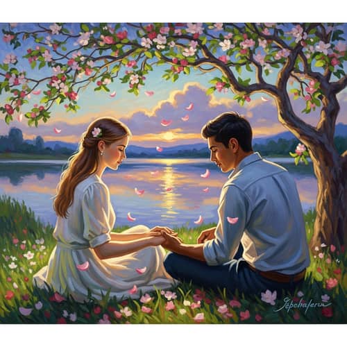 Love in Impressionism Artwork: Couple Under Apple Tree