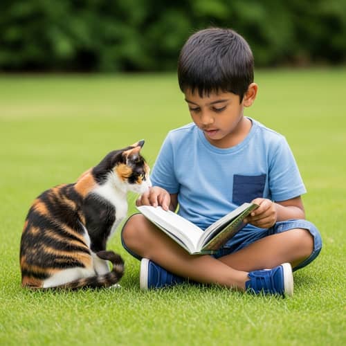 South Asian Boy Reading Outdoors with Calico Cat - Enchanting Scene