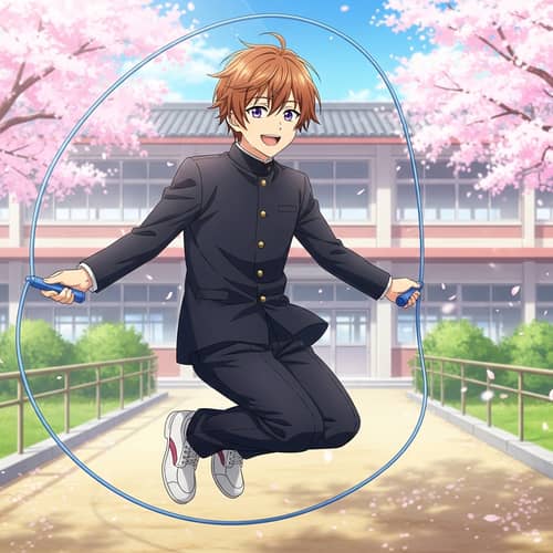 Anime Boy Rope Skipping | Energetic Scene with Cherry Blossoms