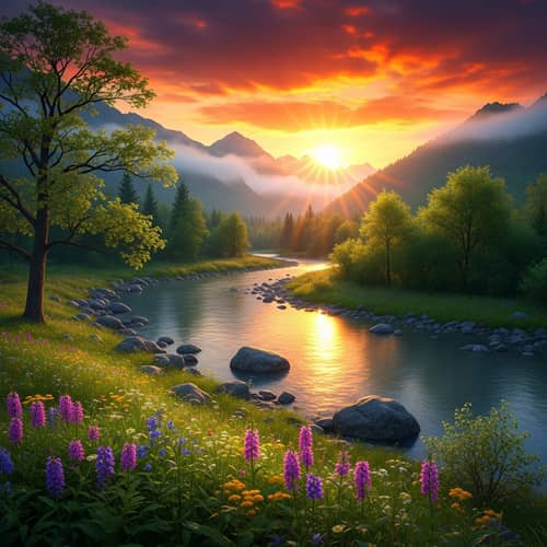Spectacular Natural Landscape at Sunset | Tranquil River & Mountains