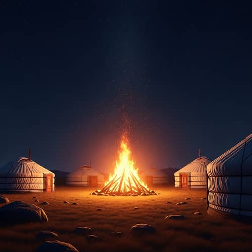 Nocturnal Scene with Faded Bonfire and Traditional Yurts