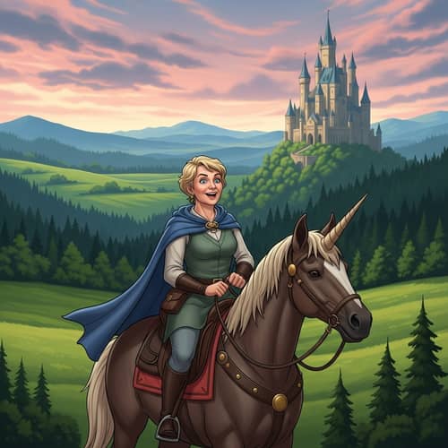 Middle-Aged Woman Riding Mythical Creature to Majestic Castle