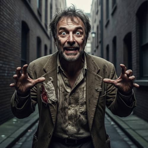 Wildly Unhinged Caucasian Man in Urban Alleyway