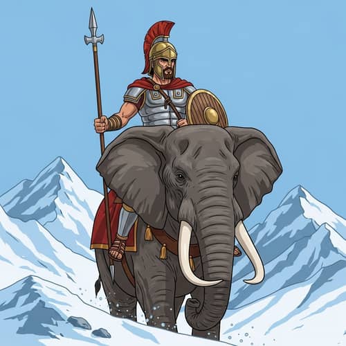 Ancient Military General Riding Elephant Over Snowy Mountains