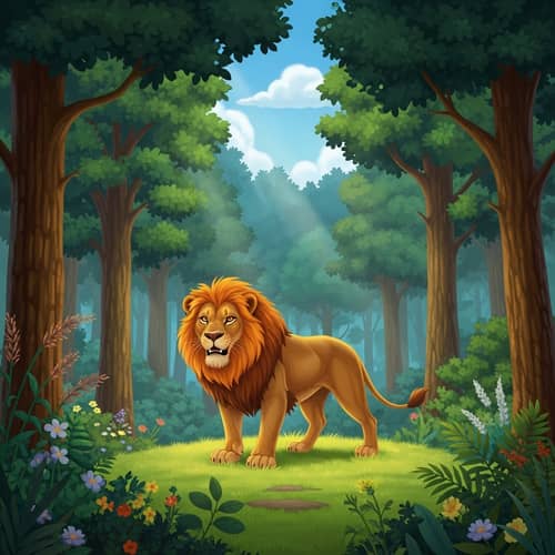 Majestic Lion in Forest: Golden Fur Beauty Under Blue Sky