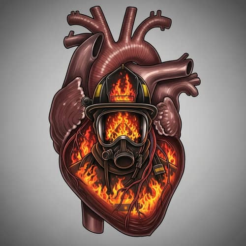 Heart Muscle Tattoo with Firefighter and Flames