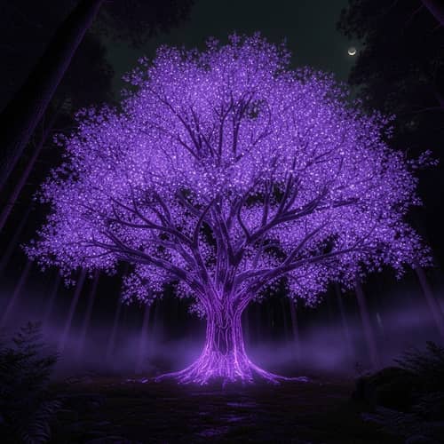 Purple Bioluminescent Tree Glowing in Darkness