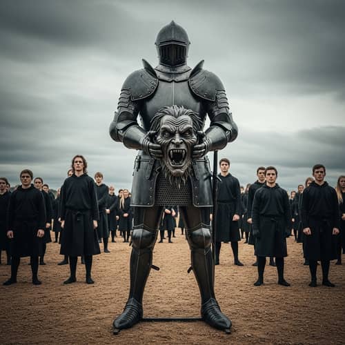 Black Iron Knight Defeating Monster - Symbol of Courage