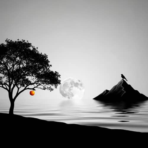 Dream in Minimalistic Style | Serene Moon, Lonely Tree, Bird Silhouette