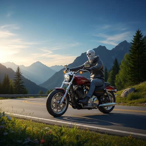 Ethereal Spirit Riding Maroon Harley Davidson On Mountain Road