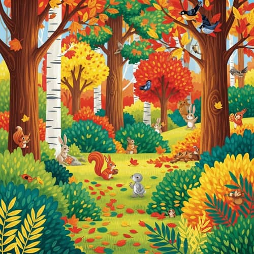 Vibrant Forest Scene Illustration for First Grade Level