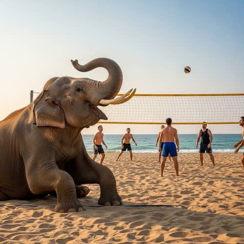 Elephant Watching Beach Volleyball Game by the Sea