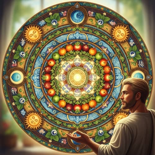 Holistic Life Mandala with Fruits, Sun, Moon & Man