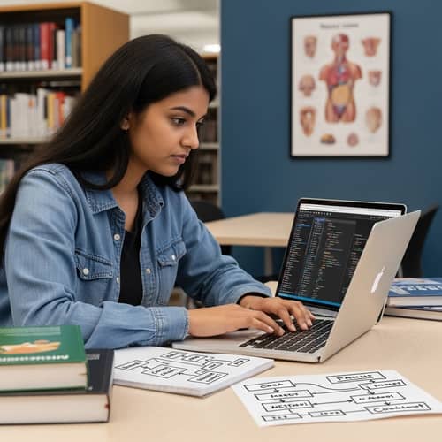 Dedicated Female Medical Student Learning Software Development in University Library