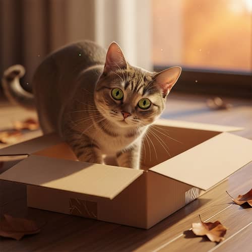 Charming Chocolate-Colored Cat in Playful Cardboard Box
