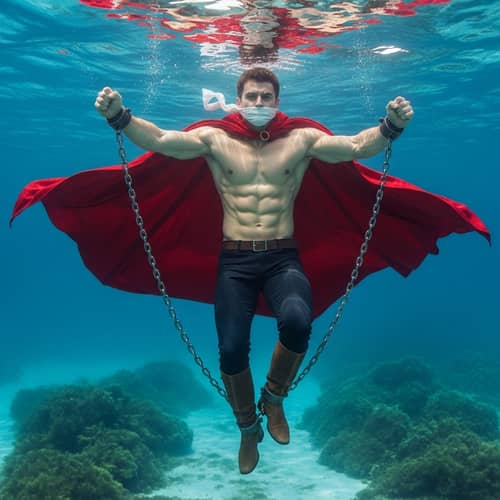 Muscular Prince in Red Cape Submerged Underwater Struggling for Breath