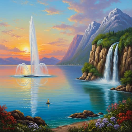 Majestic Fountain and Cascading Waterfall in Vibrant Sea Sunset