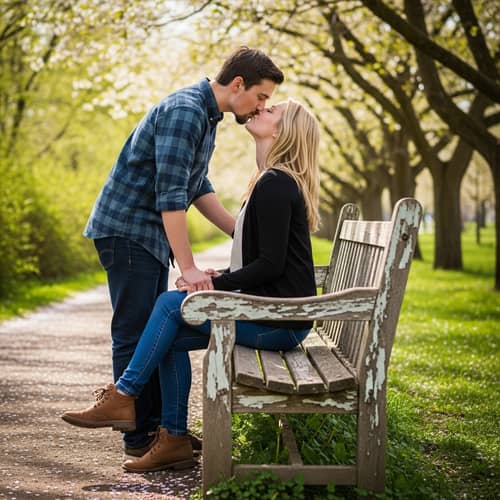 Romantic Park Bench Kiss - Greenery, Blossoms & Charm