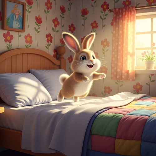 Cheerful Bunny Jumping on Comfy Bed