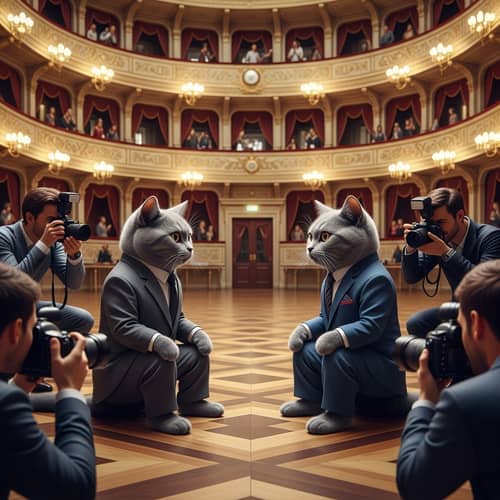 Elegant Grey Cats in Classic Suits at Russian Theater