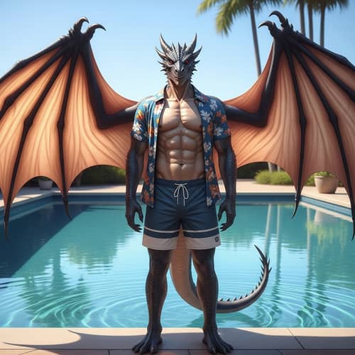 Majestic Dragon Demi-Human Poolside | 4K Resolution