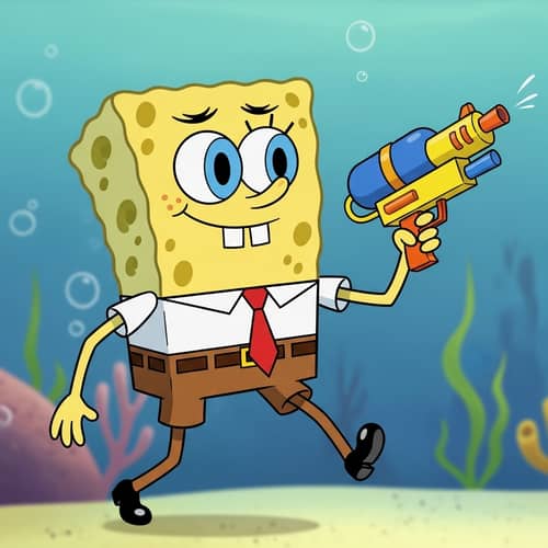 Playful Sea Sponge in Goofy Outfit with Water Gun