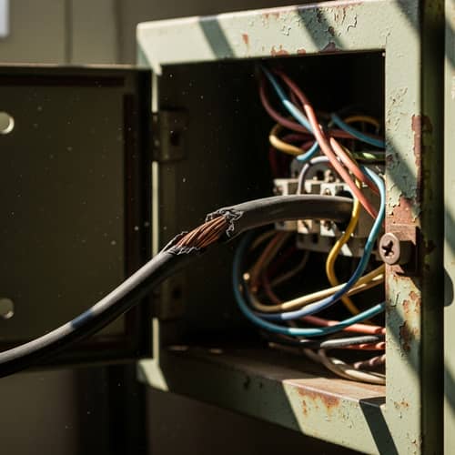 Vintage Electrical Cabinet with Weathered Green Metal and Tangled Wires