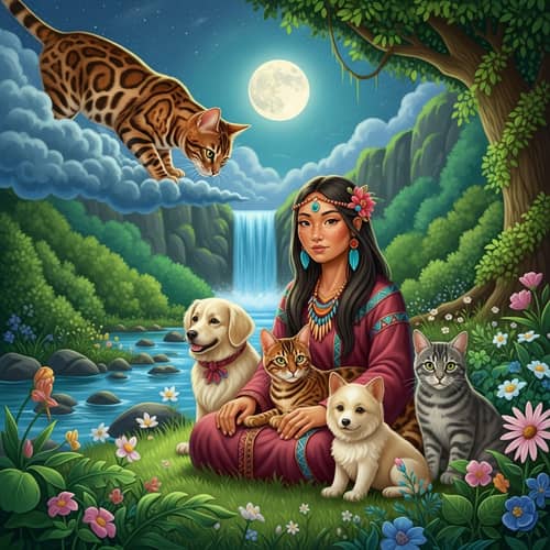 Mystic Bengal Cat Observing Asian Shaman Woman with Animals in Nature