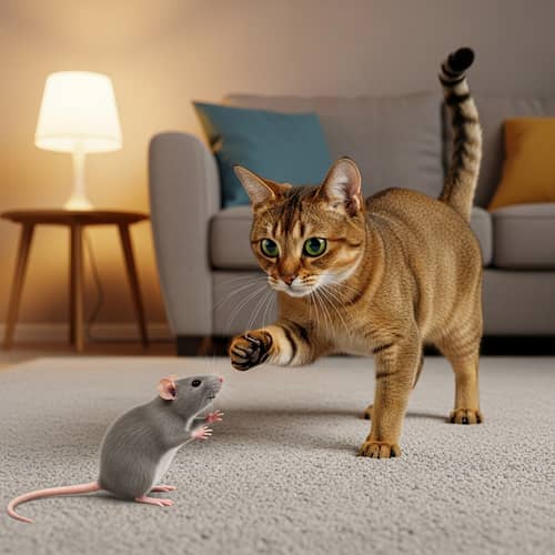 Funny Cat Playing with Rat: Amusing Domestic Scene