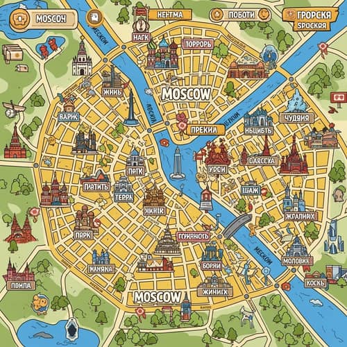 Stylized Tourist Map of Moscow - Explore Key Attractions in Playful Style