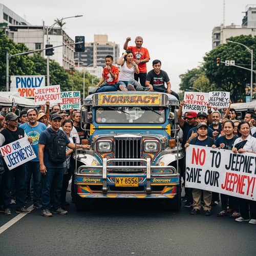 Traditional Jeepney Protest in Diverse Street Scene