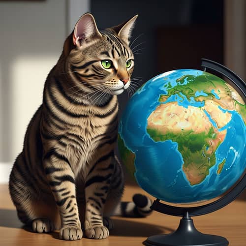 Striped Cat and Globe Illustration